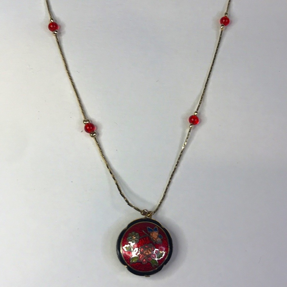 Red flower pendant with 4 small beads on gold chain